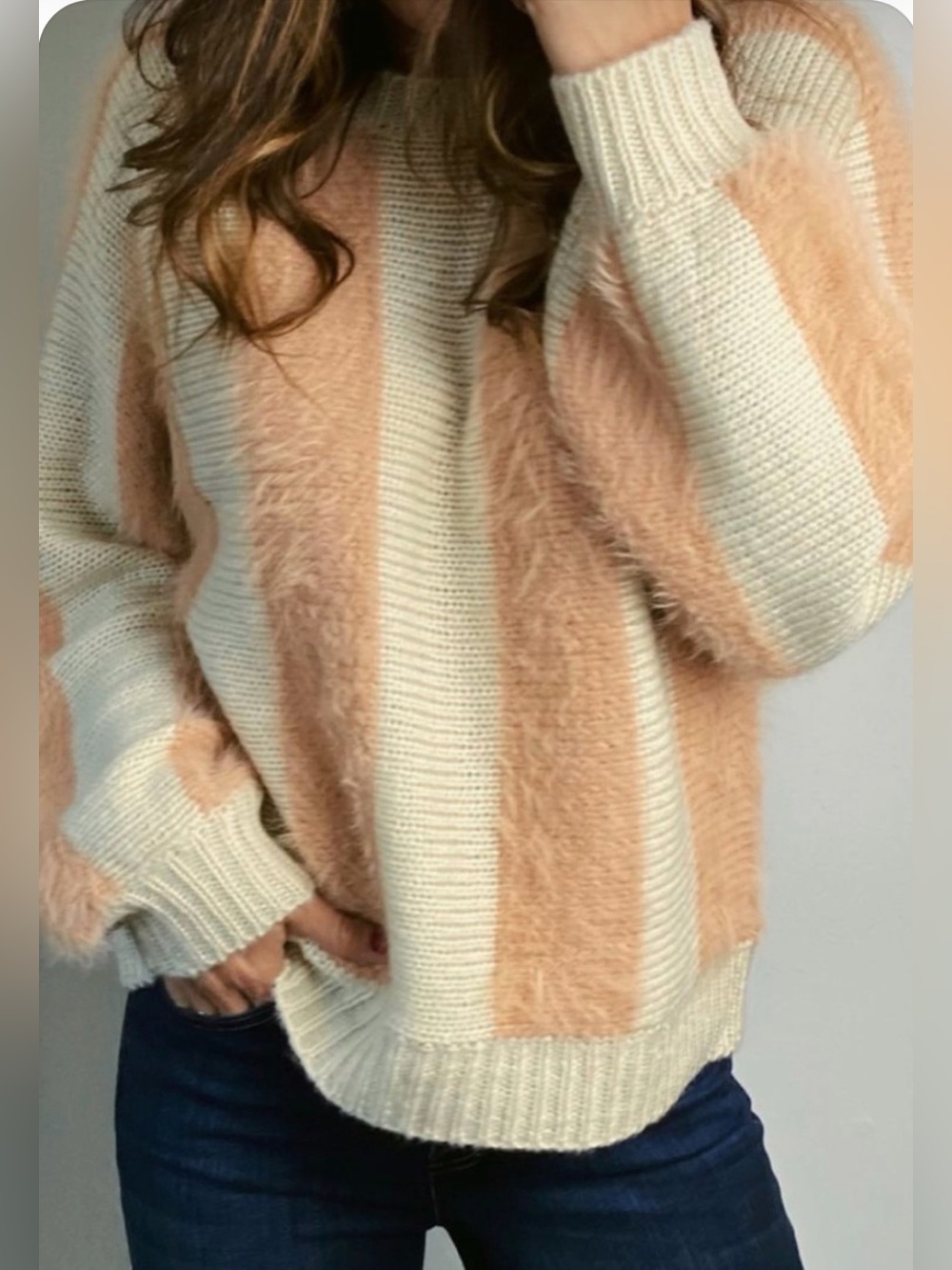 Love Riche Cream and Blush Fuzzy Stripe Crewneck Sweater